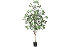OAKRED Artificial Ficus Tree, 4FT Fake Tree with Natural Wood Trunk, Fluffy Faux Tree, Fake Silk Plant for Home Decor Indoor Office Porch, Set of 1