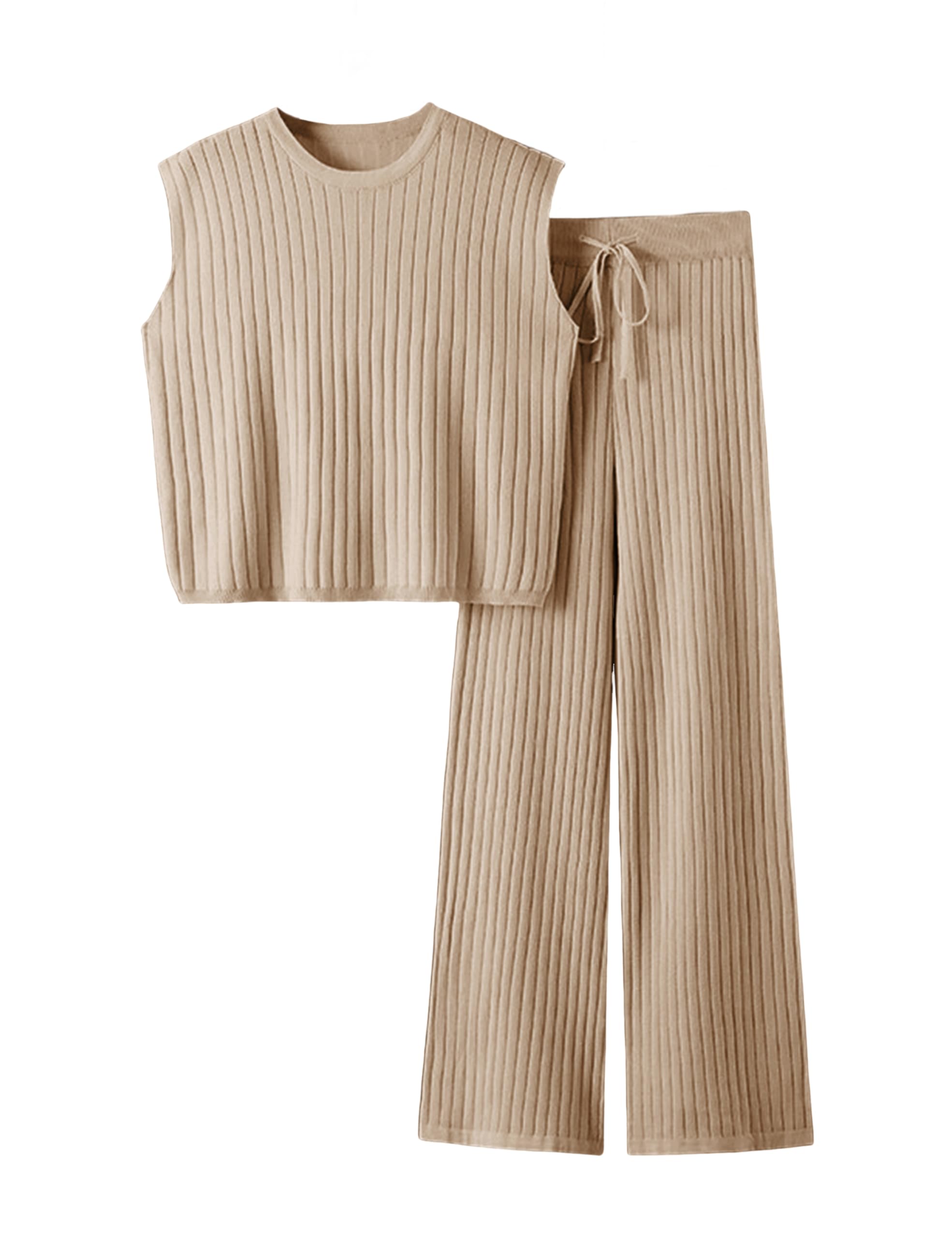 Photo 1 of ***MISSING ITEMS***
TIQOJE Womens 2 Piece Outfits Sweater Set Sleeveless Knit Pullover Top High Waisted Pants Tracksuits(Khaki-S), Small