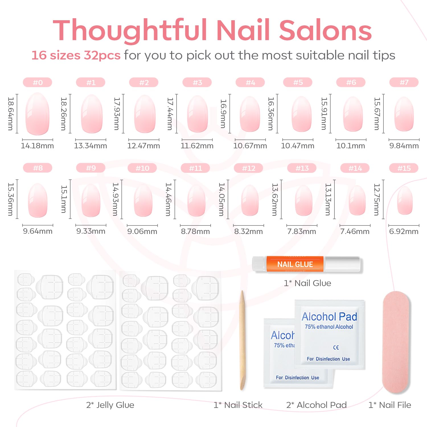 modelones Short Press on Nails, 32Pcs 16 Sizes Oval Fake Nails Kit Press Ons with Nail Glue, Adhesive Tabs, Nail File, Prep Pad, Manicure Stick, Pink Ombre - Image 3
