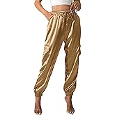Women's Satin Cargo Joggers Pants Dressy Casual Silky Elastic High Waist Trousers