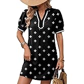 Dokotoo Summer Dresses for Women 2026 Boho Floral Puff Short Sleeve V Neck Trim Casual Mini Dress Sundress