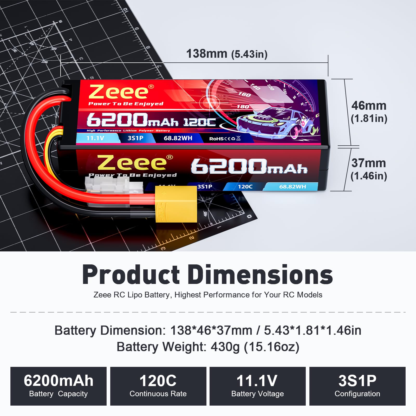 Condition photo showing New/Like New for zeee 3s lipo battery 6200mah 11.1v 120c hard case rc battery with xt90 connector for 1/8 1/10 scale 