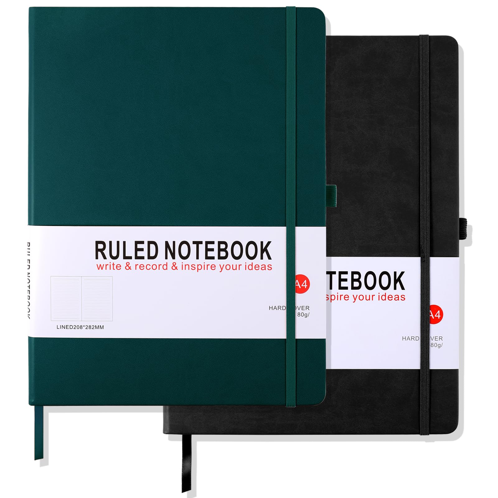 HIJYOO 2 Pack Notebook A4 Lined Journal Notebook Hardcover Notepad A4 with Bookmark, Pen Loop, and Elastic Closure, Note book for Women Men Work Office School, 8.3" X 11.35", (Black+Green)