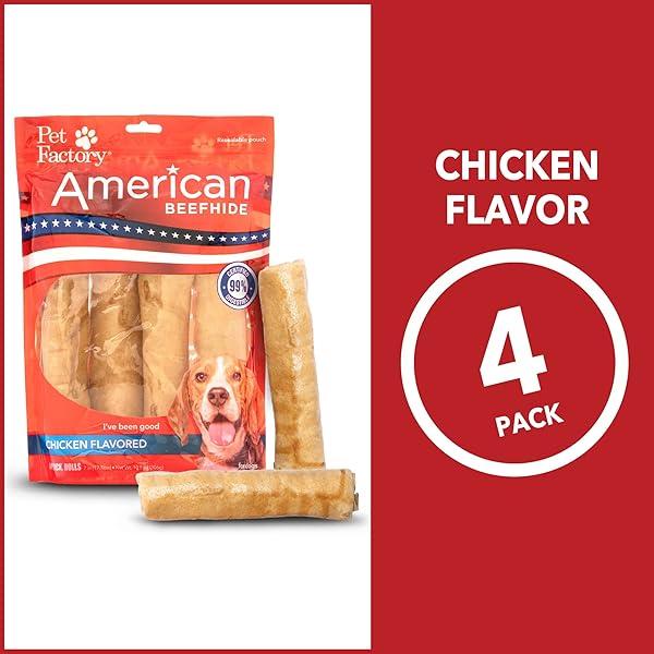 PET FACTORY AMERICAN BEEFHIDE 7″ ROLLS DOG CHEW TREATS – CHICKEN FLAVOR, 4 COUNT/1 PACK
