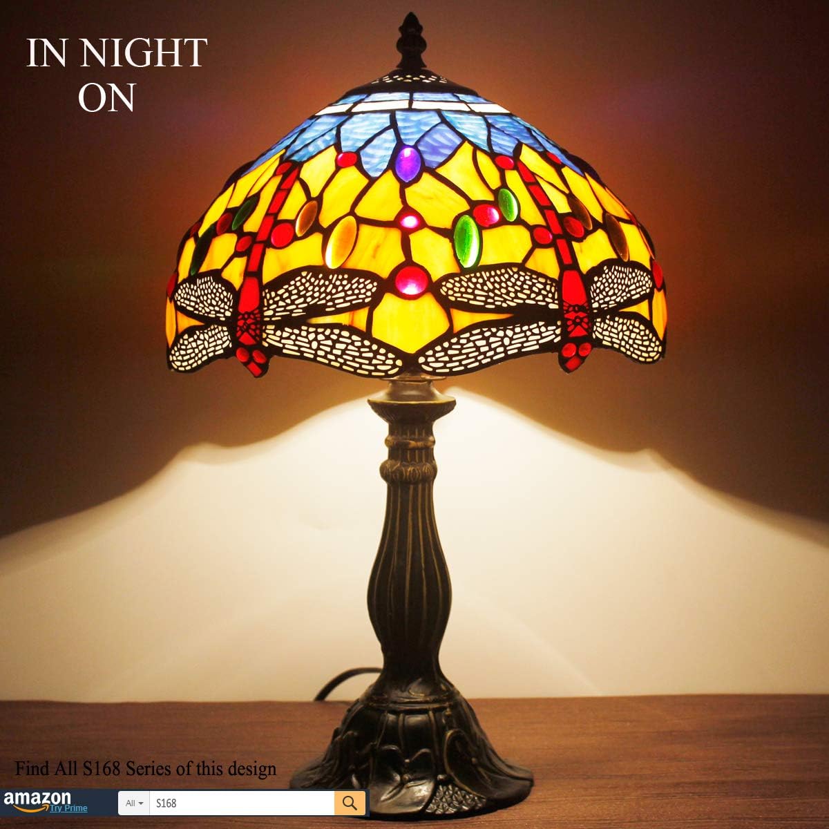 WERFACTORY Tiffany Lamp Stained Glass Bedside Table Lamp Orange Blue Dragonfly Style Reading Desk Light 12X12X18 Inches Decor Bedroom Living Room Home Office S168 Series - Image 3
