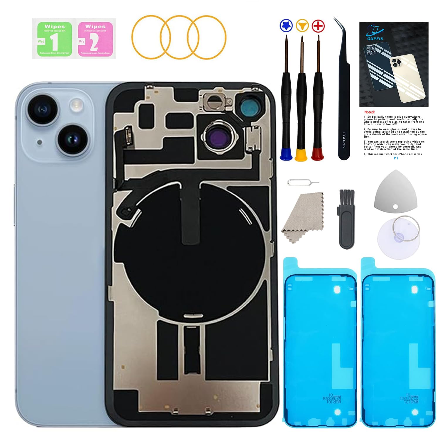 Photo 1 of GUPFIX Back Glass Replacement for iPhone 14Plus with Repir Tools, Big Hole Rear Back Cover Glass Replacement All Carriers with Pre-Installed Adhesive and Repairing Tool Kits