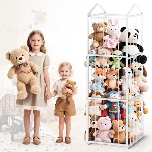Stuffed Animal Storage Plushies Storage, Kids Toy Storage Organizer Giant Stuffed Animal Zoo Holder, Sturdy Metal Toy Shelf Teddy Bear Storage Kids Room Organization(Non-Wheeled, White)