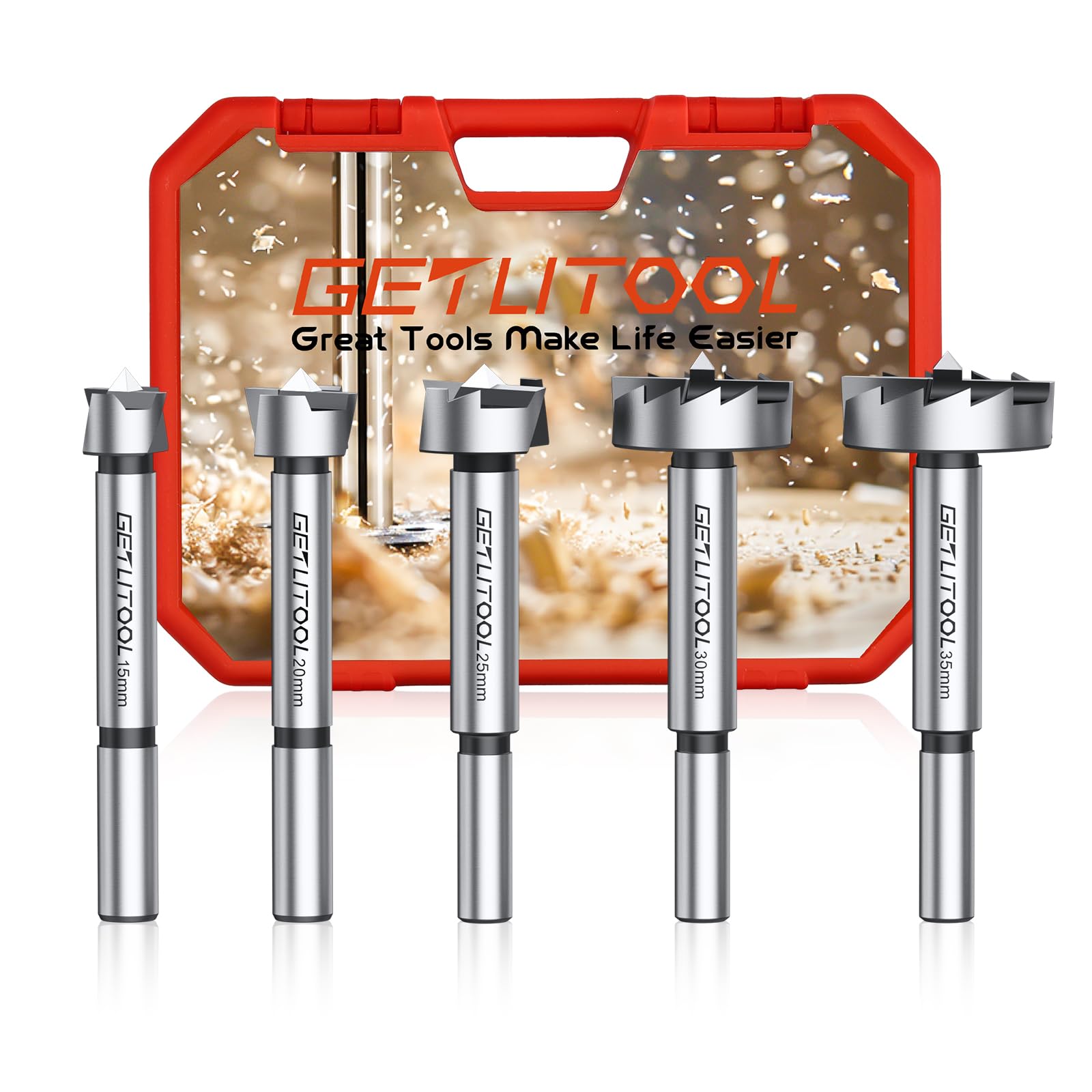 GETLITOOL Forstner Bit Set 15/20/25/30/35mm, 5Pcs 40Cr-V Steel Forstner Drill Bit Set for Woodworking, Flat-Bottom Holes in Hardwood, Softwood, Plywood & Painted Surface, Gift for Woodworker
