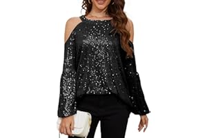 HWSFYES Sequin Tops for Women Sequin Halter Tops Balloon Long Sleeve Sparkly Glitter Shirts Sequin Blouse for Party Disco