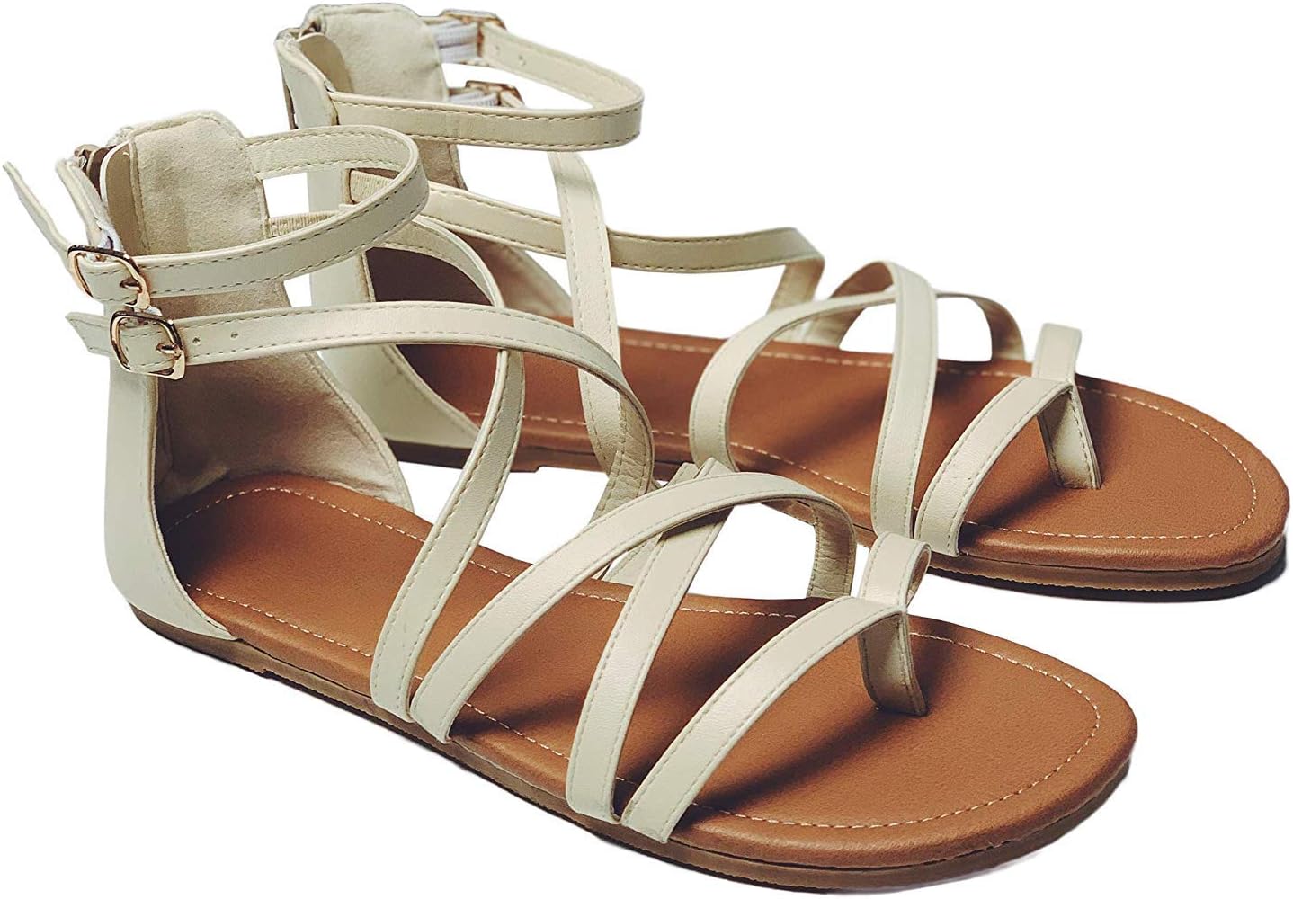 LKai Womens Gladiator Strappy Flat Open Toe Lace Up Criss Cross Strap Ankle Wrap Sandals Buckle Zip Thong Sandal