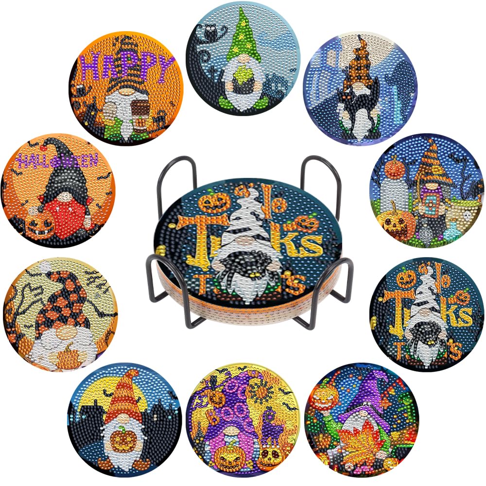10Pcs Halloween Gnome Diamond Painting Coasters, DIY 5D Glass Art Coasters Kits with Holder for Adults & Kids, Beginners