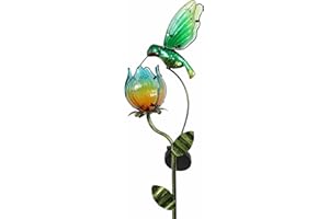 TERESA'S COLLECTIONS Glass Flower and Bird Pathway Solar Outdoor Light for Garden Decor, 41'' Tulip and Hummingbird Decorativ