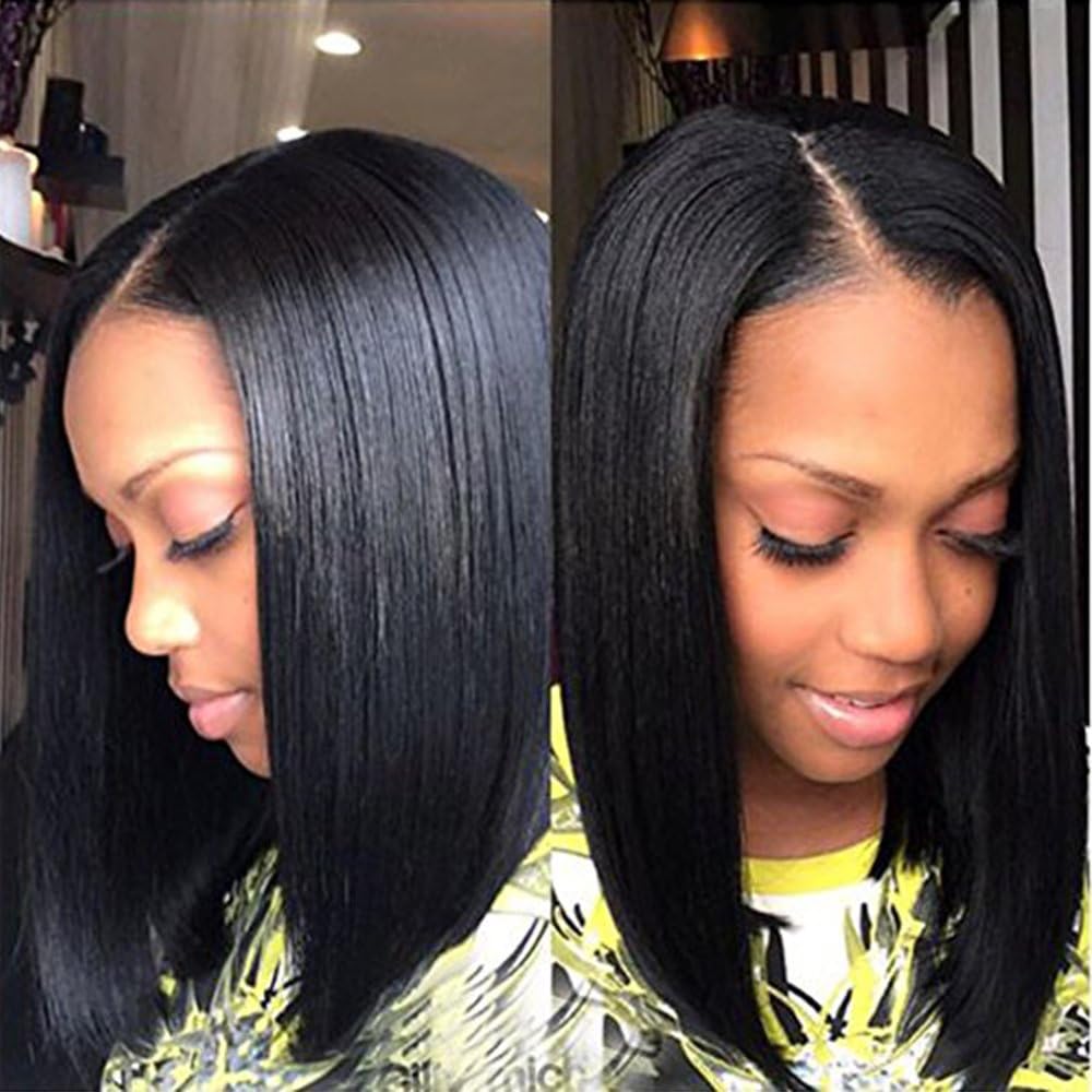 Destiny Love Short Hair Black Yaki Straight Bob Lace Front Wig Synthetic Shoulder Length Short Heat Resistant Fiber Hair Glueless Cap Lace Front African American Women’s Wigs with Baby Hair 16 Inch