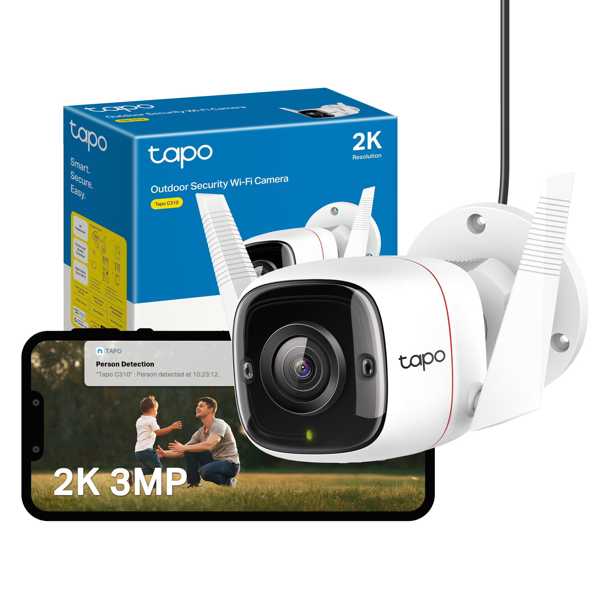 Tapo C310 2K 3MP Wired Security Camera Outdoor, Motion Detection, IP66, Built-in Siren, 2-Way Audio, Night Vision, Cloud and Local Storage, Works With Alexa and Google, No Monthly Fee
