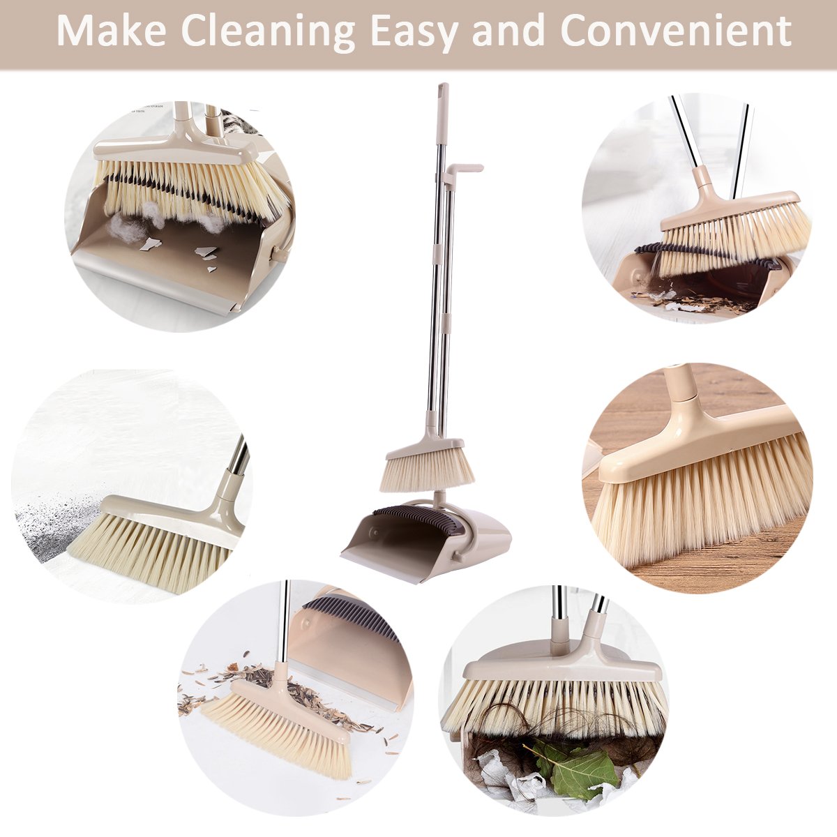 Dust Pan and Broom Set with Long Handle Combo Standing Upright Sweep Use for Pet Dog Hair Home Kitchen Office Lobby Floor