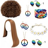 Norme 9 Pcs Hippie Costume Accessories Set, Tie Dye Rainbow Bandana Peace Sign Earrings Necklace Glasses Daisy Headband Wigs
