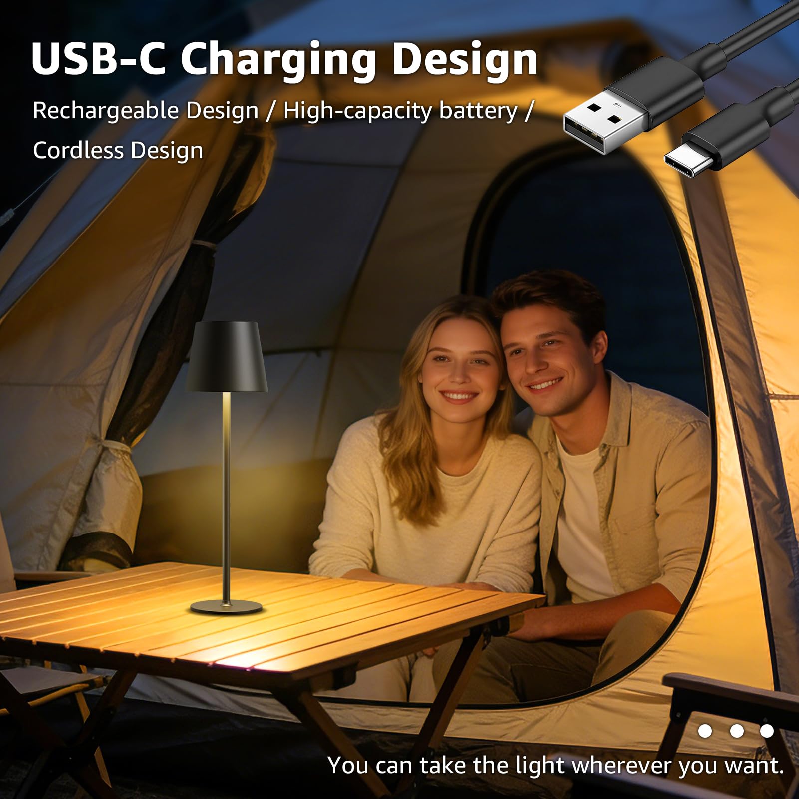 MALUX LED Tischlampe Kabellos 2 Stück Touch Dimmbare 2700K-4000K Metall IP44 Wasserdicht, USB-C Aufladung, 8-15h Akkulaufzeit Tischleuchte für Garten Esstisch Schlafzimmer Balkon Hotel (Schwarz) 6