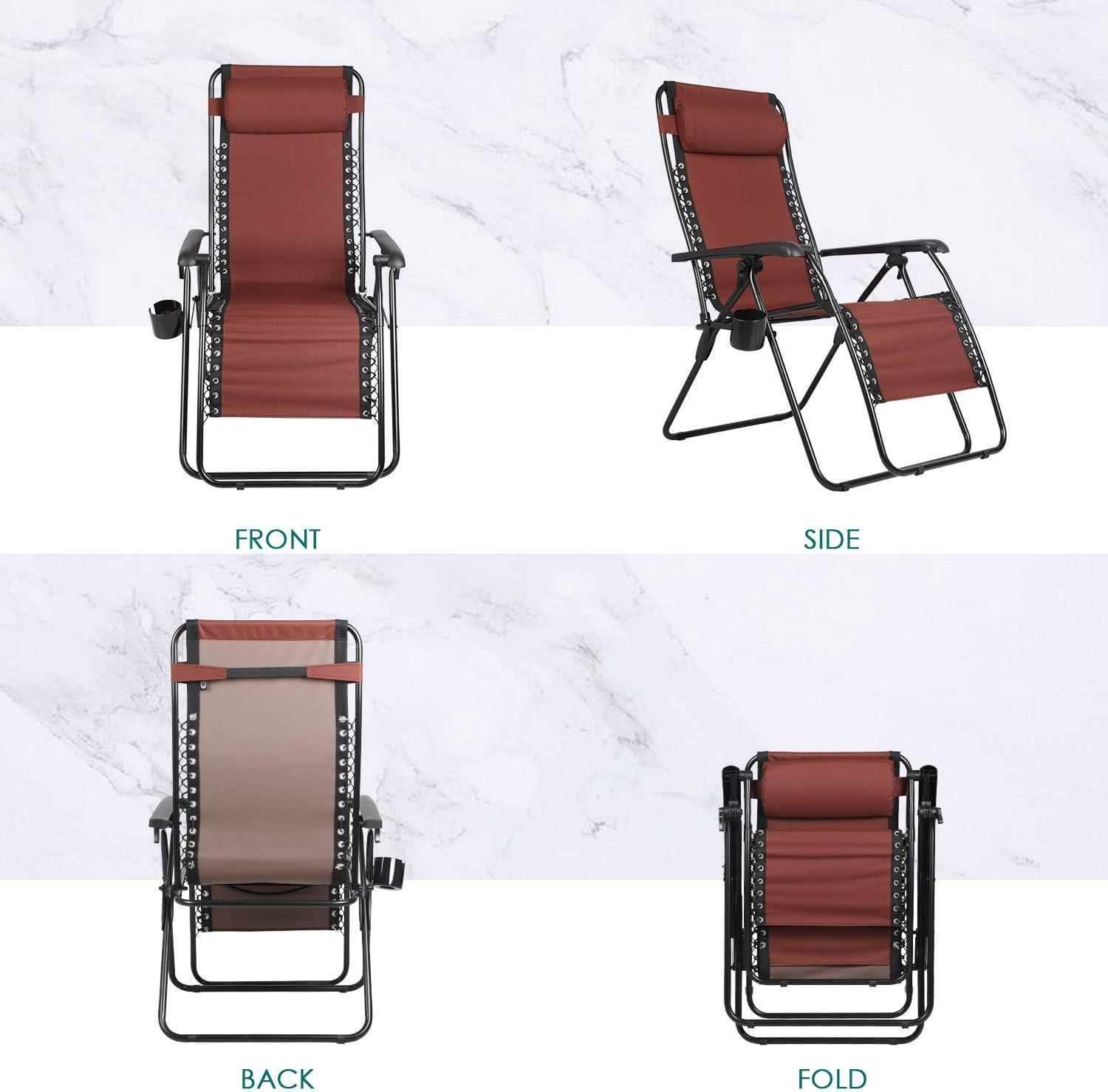 PORTAL Zero Gravity Recliner Lounge Chair, Folding Patio Lawn Pool Chair with Headrest Cup Holder, Support 300lbs, Brown, 20.5”(L) X21”(W) X 45”(H) (PR-LC-8012-BR): Sports & Outdoors