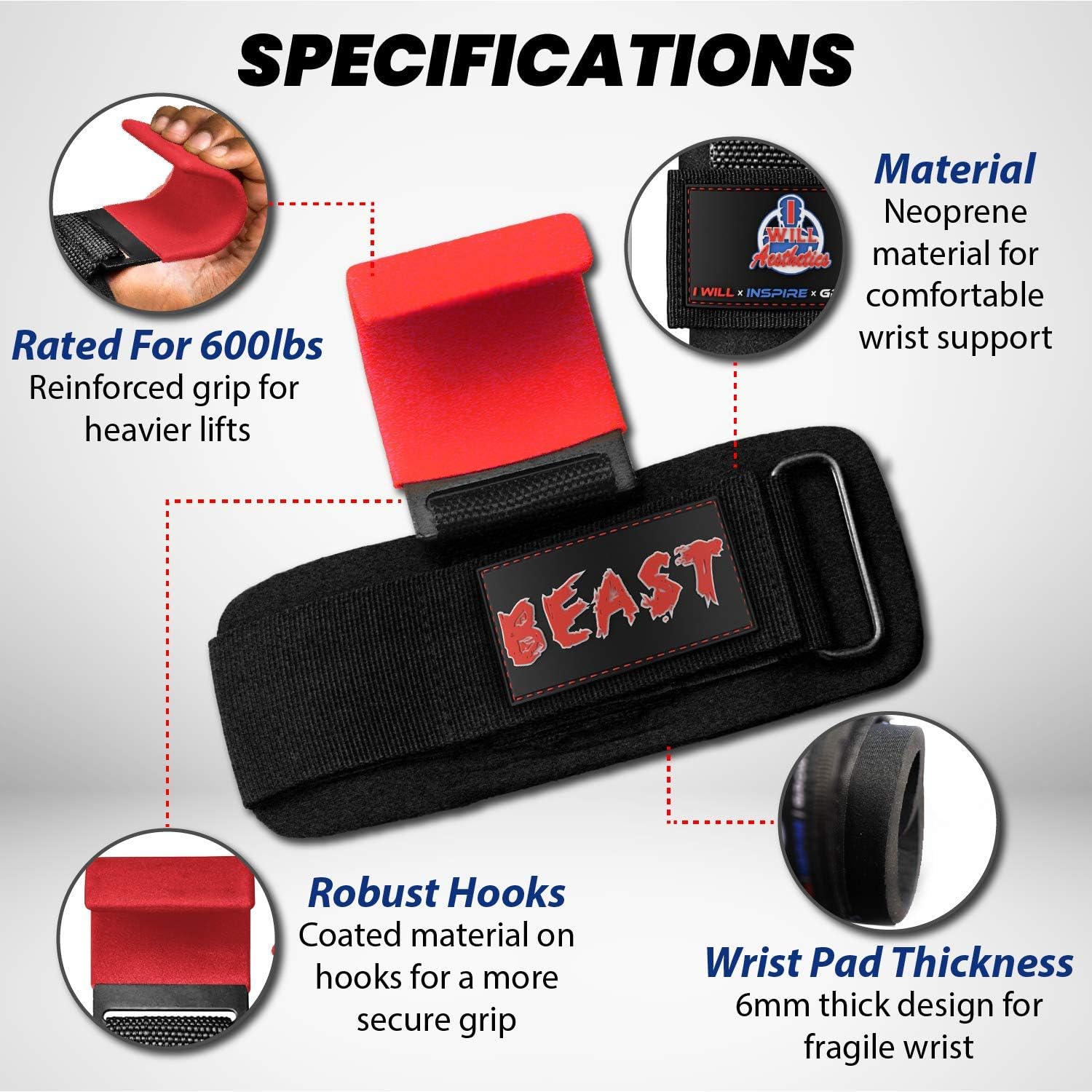 I WILL AESTHETICS Weight Lifting Hooks for Men & Women - Lifting Hooks for Weight Lifting - Deadlift Grips with Hooks - Weight Grips & Deadlift Straps (RED) : Sports & Outdoors