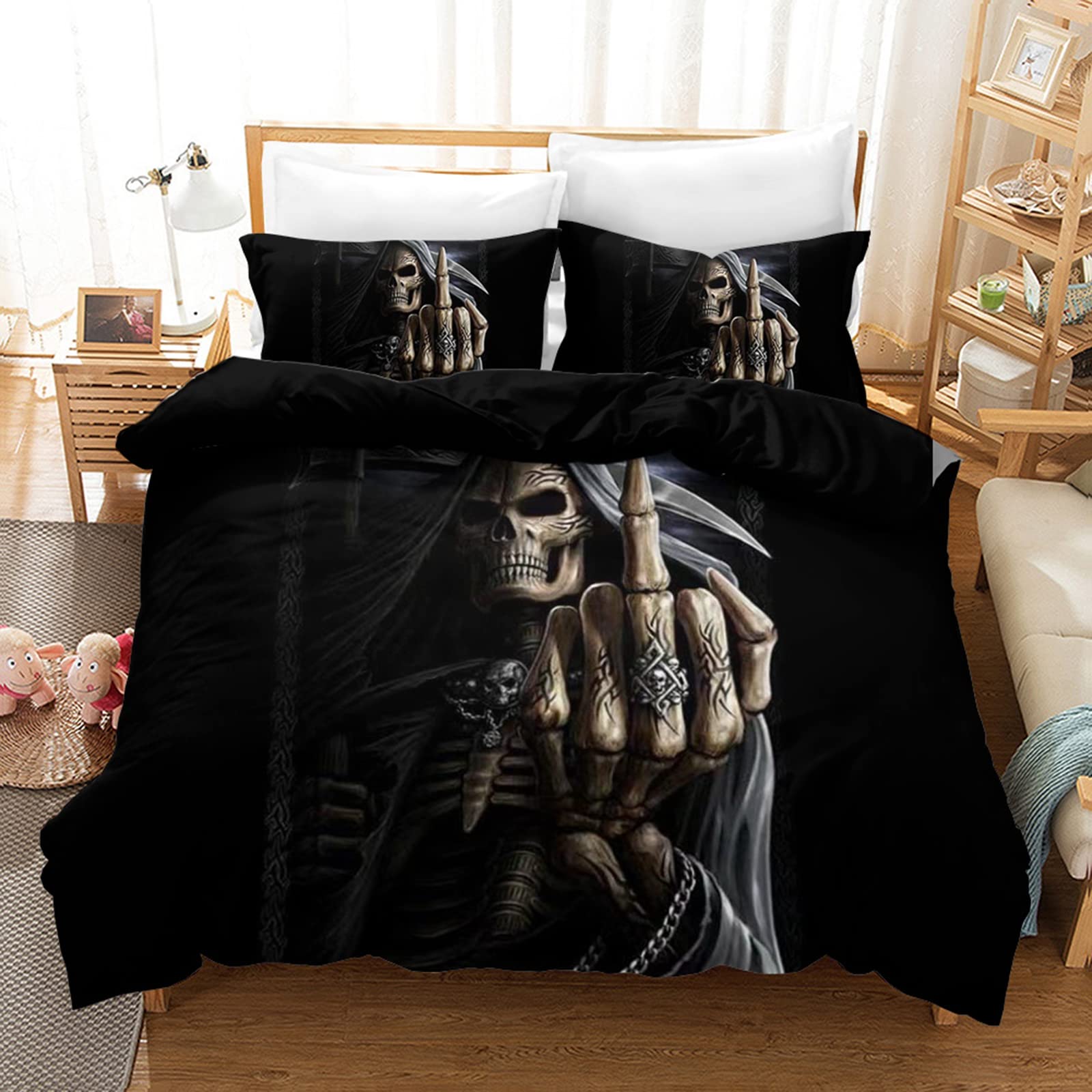 AVJWWD Skull Bedding Duvet Cover Set Soft Microfiber Gothic Bedding Set Skull Pattern Quilt Cover Set with Zipper Closure and 2 Pillow Shams for Kids Adults (Black, 135x200cm)