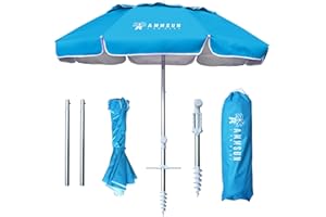 AMMSUN 6ft Folded Travel Beach Umbrella fit in Suitcase with Sand Anchor Tilt Silver Coating Inside UPF 50+UV Protection Port