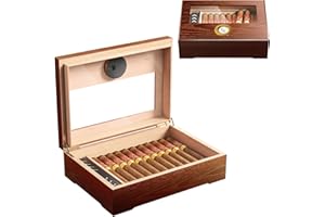 Puffaland Cigar Humidor Box Cedar Wood Brown Men Desktop Case Gift for Father with Glass Top, Digital Hygrometer, Humidifier for 20-25 Cigars