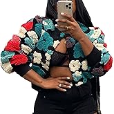 OPCAKM Women's Cropped Floral Print Shacket Jackets Round Neck Long Sleeve Bomber Coat Outerwears