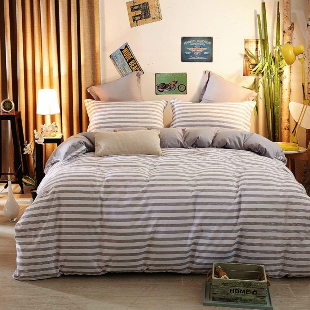 NOKOLULU Grey and White Striped Print Duvet Cover Set with Zipper Closure, Contrast 2 Tone Reversible Comforter Cover - Ultra Soft Breathable Durable Striped Bedding Set for All Seasons (King,Grey)