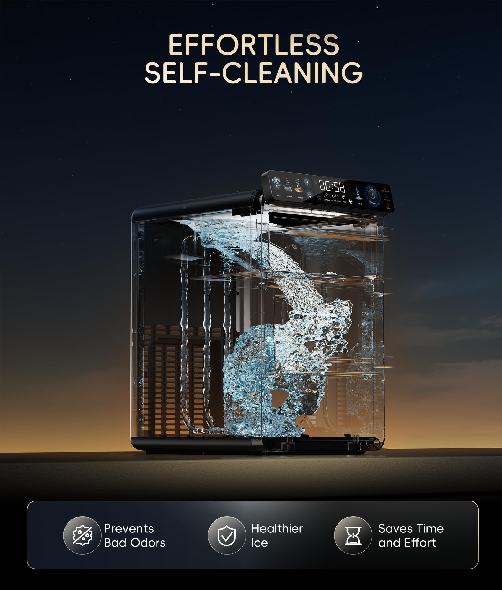 ecozy Nugget Ice Maker Countertop, Smart Pebble Ice Machine with APP Control, 44 lbs Per Day Soft Pellet Chewable Ice with Self-Cleaning, Stainless Steel
