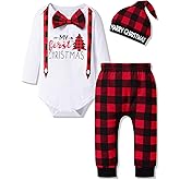 Yiner Christmas Baby Boy Outfit My First Christmas Romper Red Plaid Pants with Hat Infant Clothes Sets