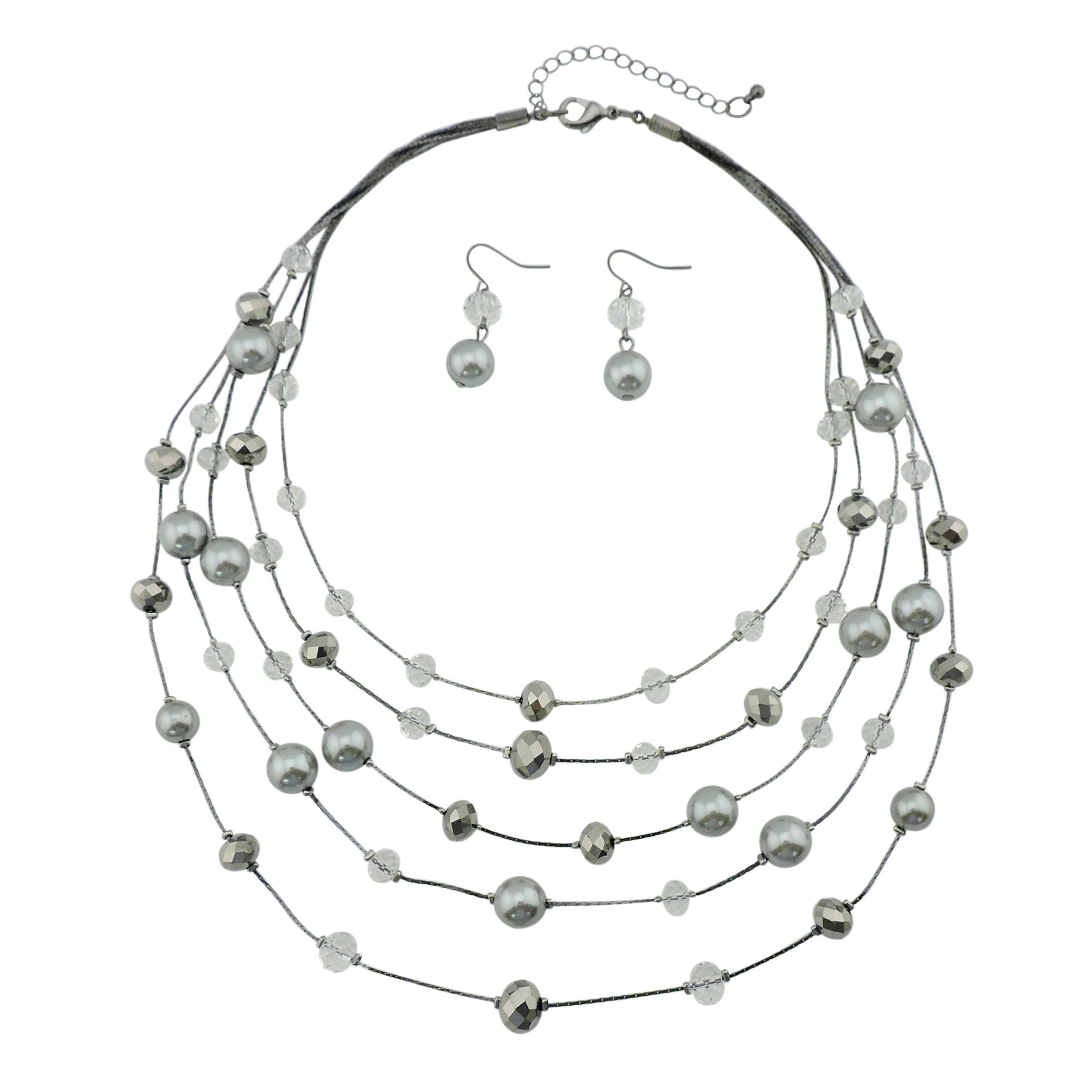 Bocar New Fashion Layer Handmade Beads Necklace Earring Set Illusion Necklace for Women (NK-10465-grey)