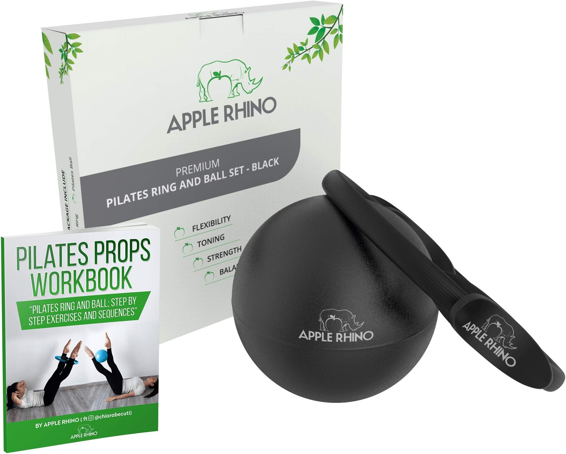 Apple Rhino Pilates Ring and Ball Set - FREE Pilates Prop e-Book w. Exercise Sequences - Magic Ring and Exercise Ball equipment - Perfect fitness equipment for women and men, core balance, thigh toner