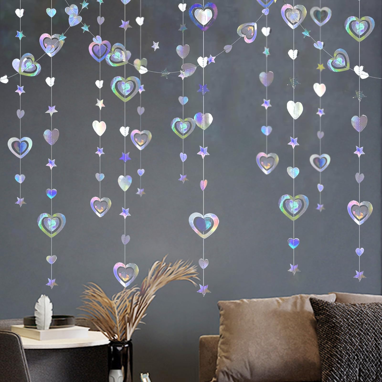 NVGVUP 50 Ft Iridescent Heart Paper Garlands, Holographic Rainbow Hanging Paper Garland, Glitter Star 3D Heart Hanging Decorations for Birthday Wedding Anniversary Disco Party Christmas (5 Pack)