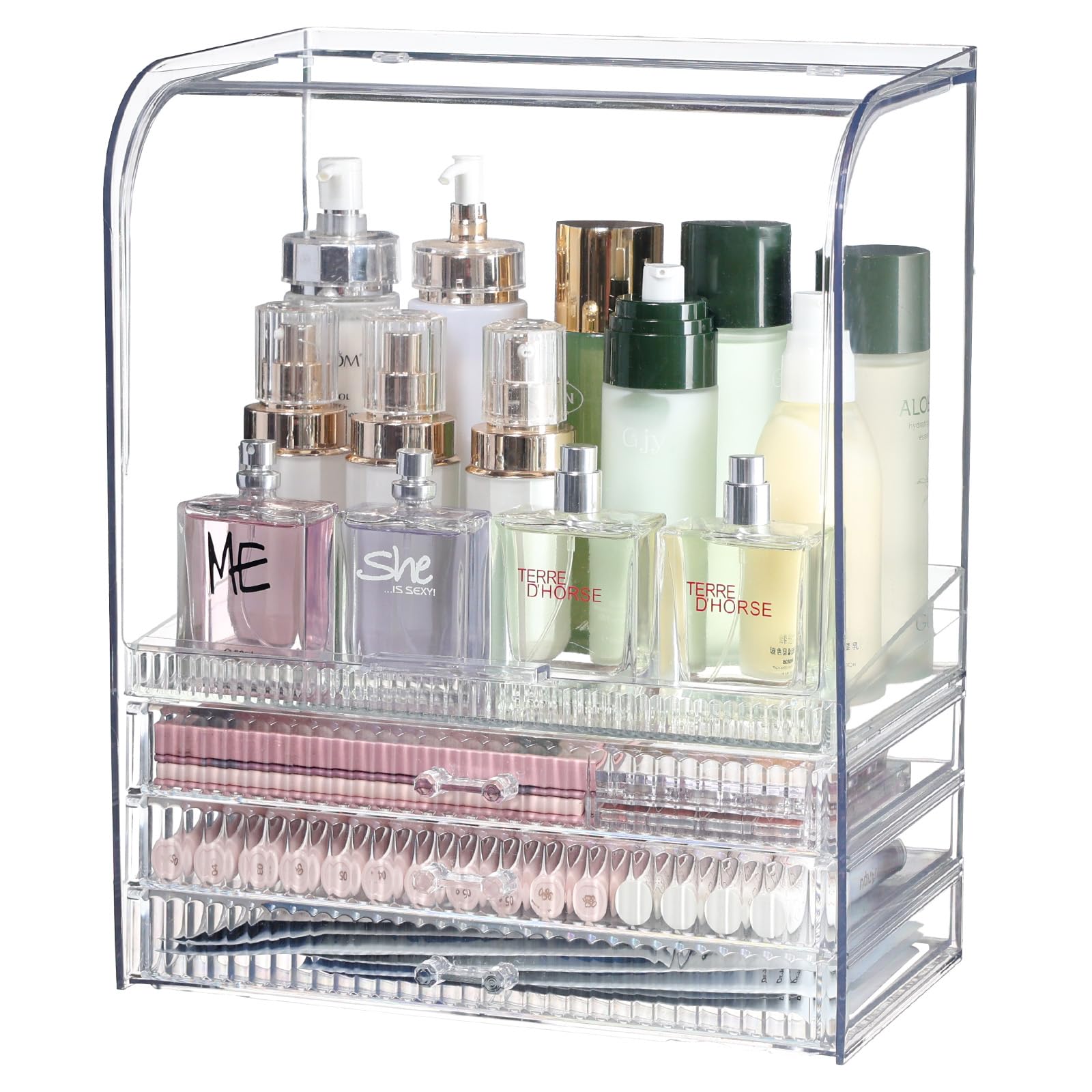Photo 1 of Clear Acrylic Makeup Organizer for Vanity With Lid,Large Capacity Bathroom Countertop Organizer and Storage With 3 Drawers,Dustproof Cosmetics Organizer for Cologne Perfume,Beauty,Skincare Container