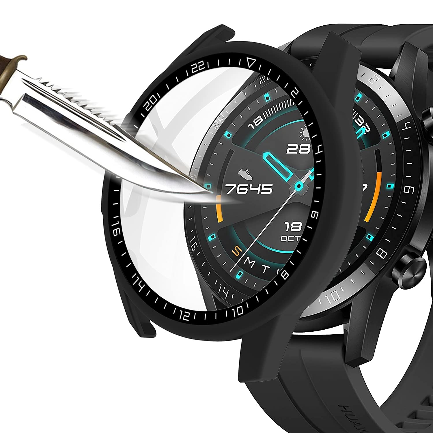 Msm-case -Black with Tempered Glass Screen Protector Film for Huawei Watch GT2 46mm, 9H Hardness PC Case, Bumper, with Scale,Slim Full Protective Case for Smart Huawei Watch GT2 46mm