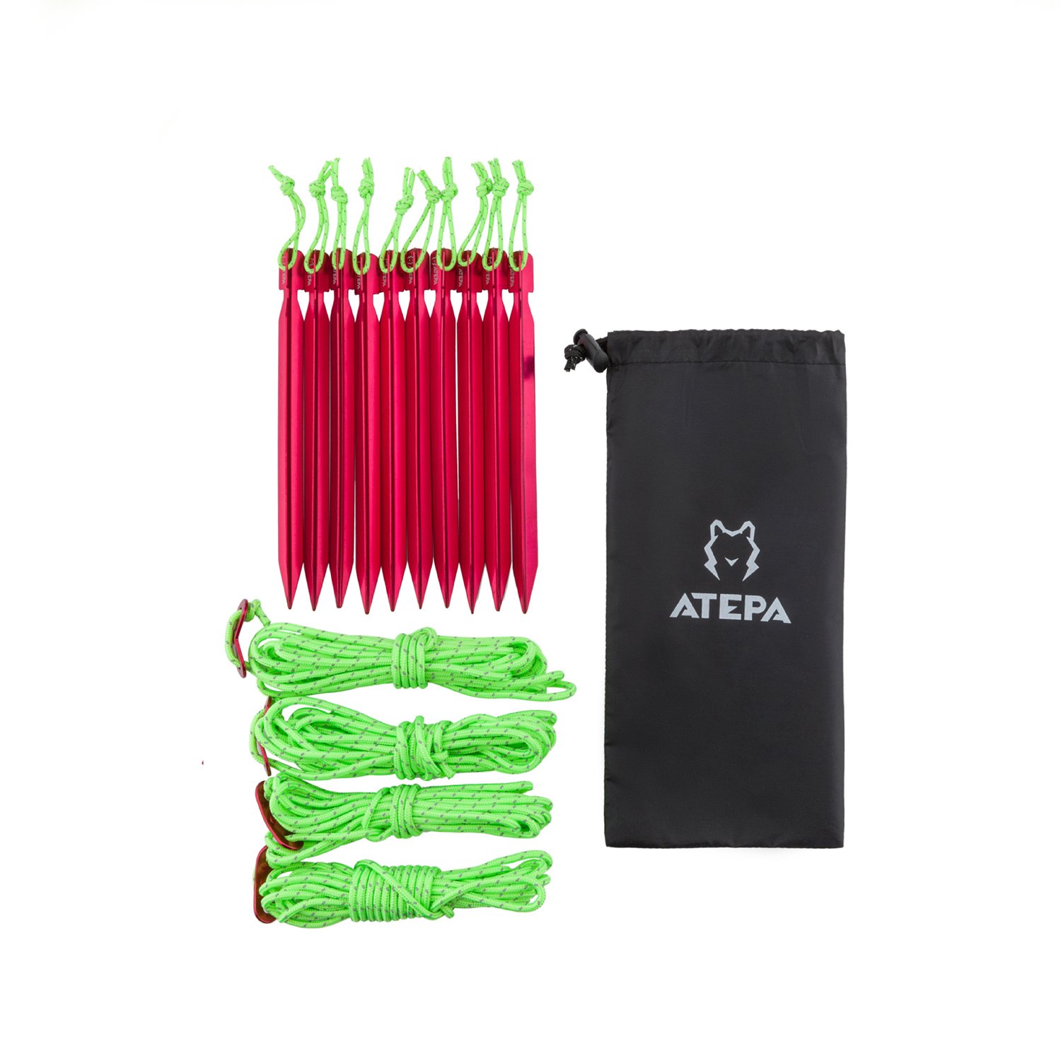 ATEPA Aluminum Outdoor Tent Kit with 10 Tent Stakes Attached Reflective Pull Cords And 4 Pieces Reflective Guy Ropes Attached Guy Line Adjuster