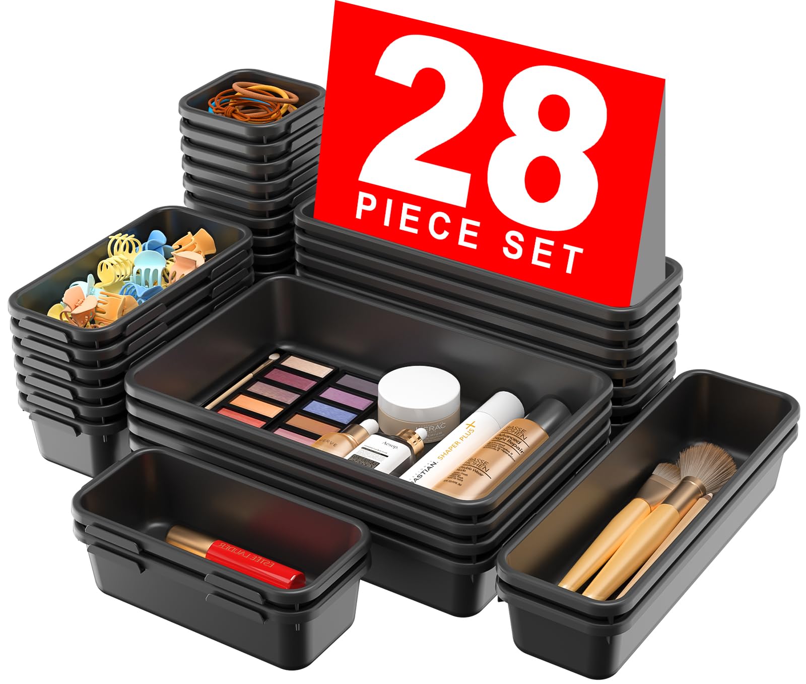 Photo 1 of ?28PCS?A-LUGEI Drawer Organizer, Bathroom Organizers and Storage, Makeup organizer, Desk drawer organizer, Storage Bins for Kitchen Office Bedroom Vanity Jewelry Pantry Garage?Black??4Size?