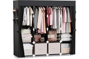 Mavivegue Clothes Organizer with 4 Hanging Rods, Portable Closet Wardrobe, Non-Woven Fabric Cover, Large Capacity Storage for Bedroom and Living Room,Black, 67" W x 17" D x 67" H