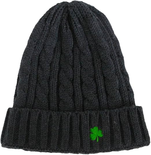 Man of Aran Knitted Beanie Hat With Patchwork Design Bottle Green Colour