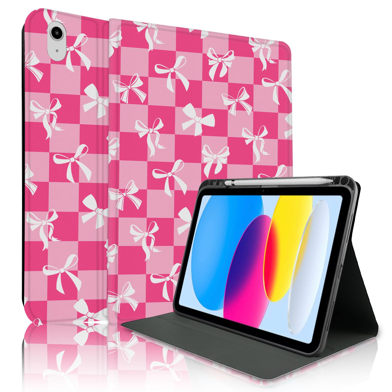 Photo 1 of TopPerfekt Case for iPad 11th (A16) 11-inch 2025 / iPad 10th Generation 10.9-inch 2022, White Bow Cute Chic Adorable with Pencil Holder for Kids, Boys, Girls, Anti-Slip, Anti-Shock,Checkered-White Bow