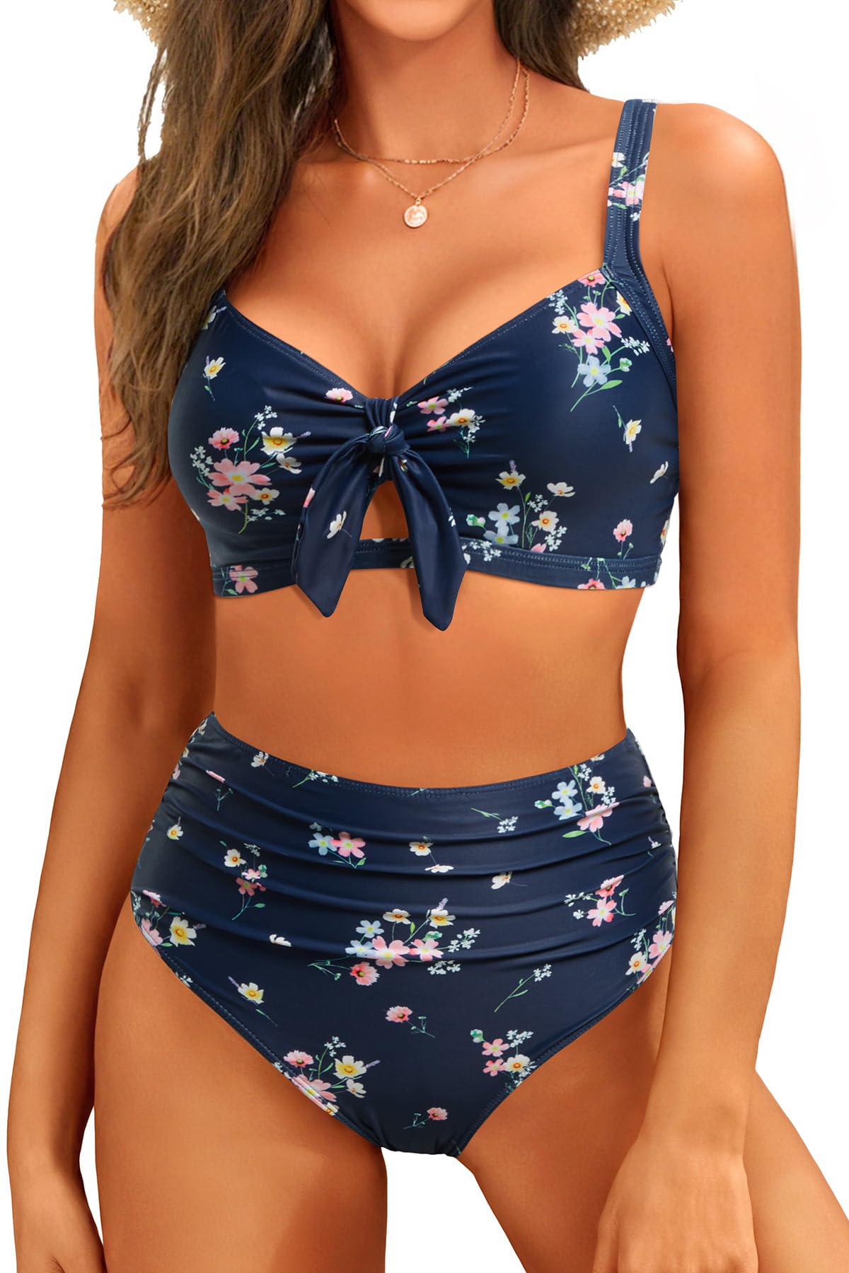 Photo 1 of Tempt Me Navy Floral Two Piece Swimsuits - High Waisted Bikini Tummy Control Full Coverage Bathing Suits Ruched Tie Knot Swimwear L