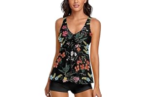 Omichic Modest Tankini Swimsuits for Women Two Piece Bathing Suits Floral Print Tank Top with Boyshorts