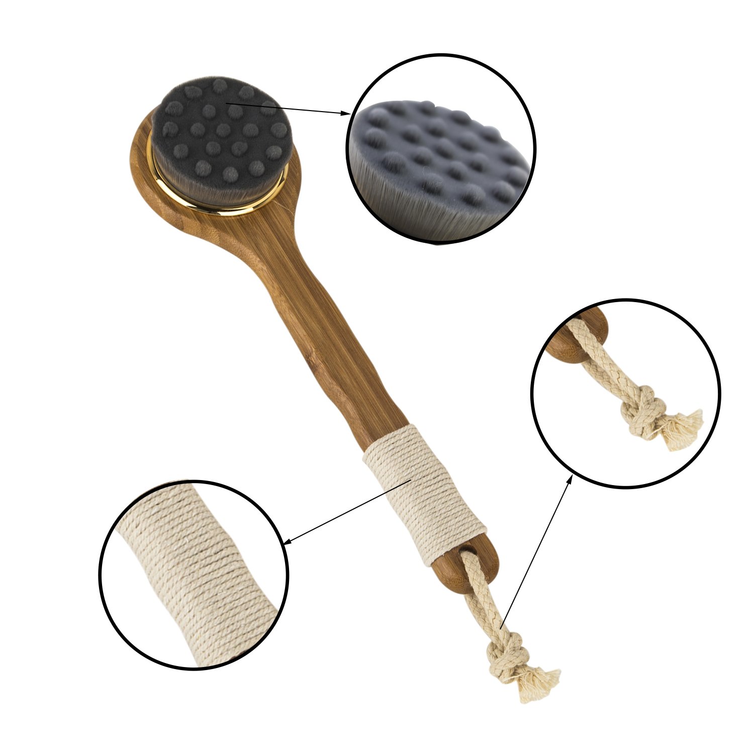 Loofah Back Scrubber &Soft Bath Body Brush with Long Non-slip Bamboo Handle Massage Brush Exfoliating Skin Care-Bath Brush,Charcoal Fibre Facial Cleasing Brush,Anti Cellulite bath Shower Brushing