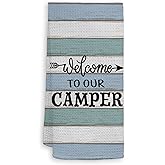 HIWX Welcome to Our Camper Light Blue Strips Decorative Kitchen Towels and Dish Towels,Rustic Campers Camping Hand Towels Tea Towel for Bathroom Kitchen Trailer Campsite Decor 16×24 Inches