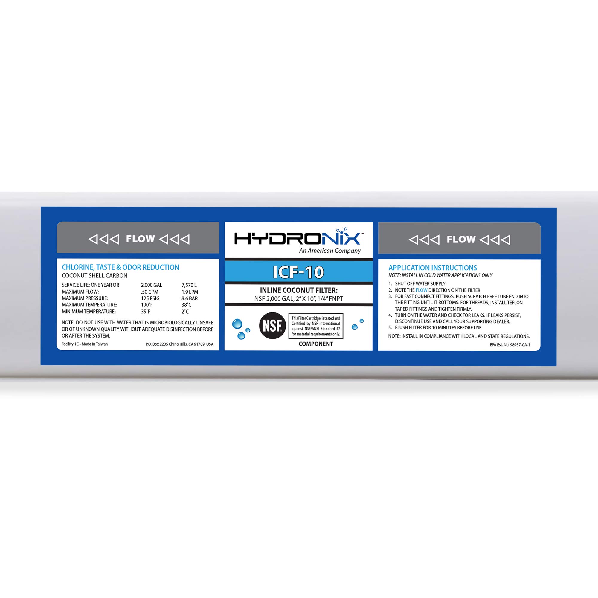 Hydronix ICF-10 RO Reverse Osmosis Post Polishing, Fridge and Ice Inline Coconut GAC Water Filter, 2000 Gal, 1/4