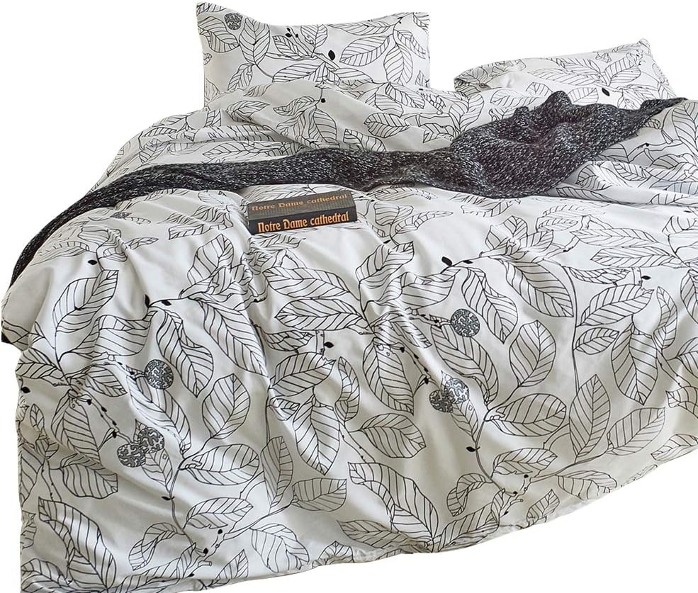 Luofanfei Trees Duvet Cover Double,100% Microfiber Bedding, Black Branches Leaves Pattern Printed on White, with Zipper Closure (3pcs, Double Size)