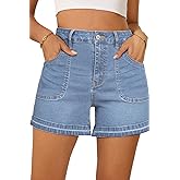 Dokotoo Womens Jean Shorts Stretchy High Waisted 2025 Straight Leg Frayed Raw Hem Casual Denim Shorts with Pockets