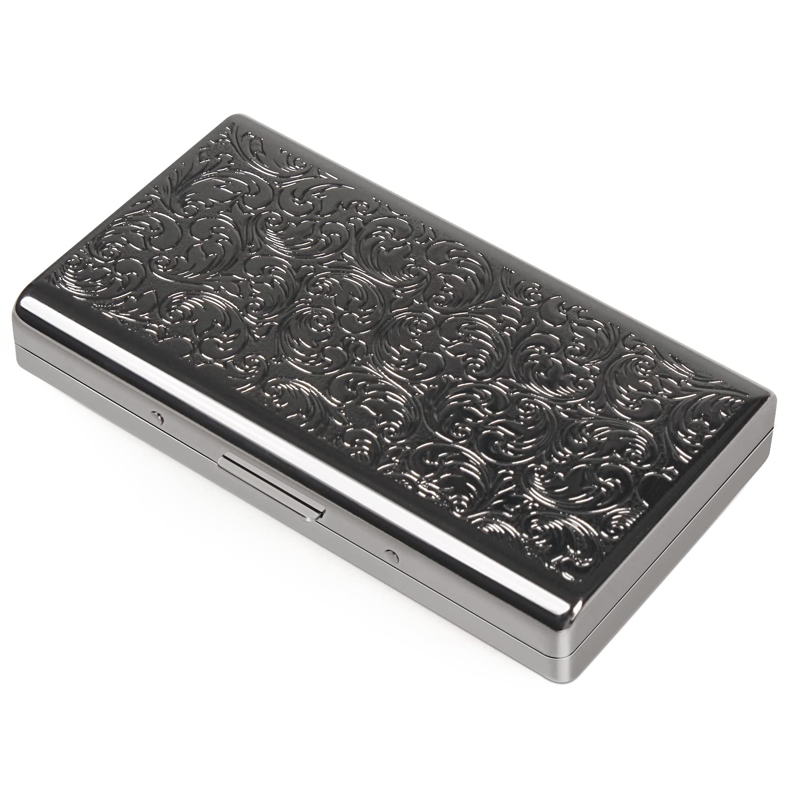 Retro Metal Cigarette Case Box -Double Sided Spring Clip Open Pocket Holder for 14 100s Cigarettes, Credit Card Holder Protective Security Wallet for Men and Women (Gun Black14)