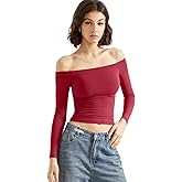 SUUKSESS Women Off Shoulder Double Lined Long Sleeve Shirts Basic Going Out Tops