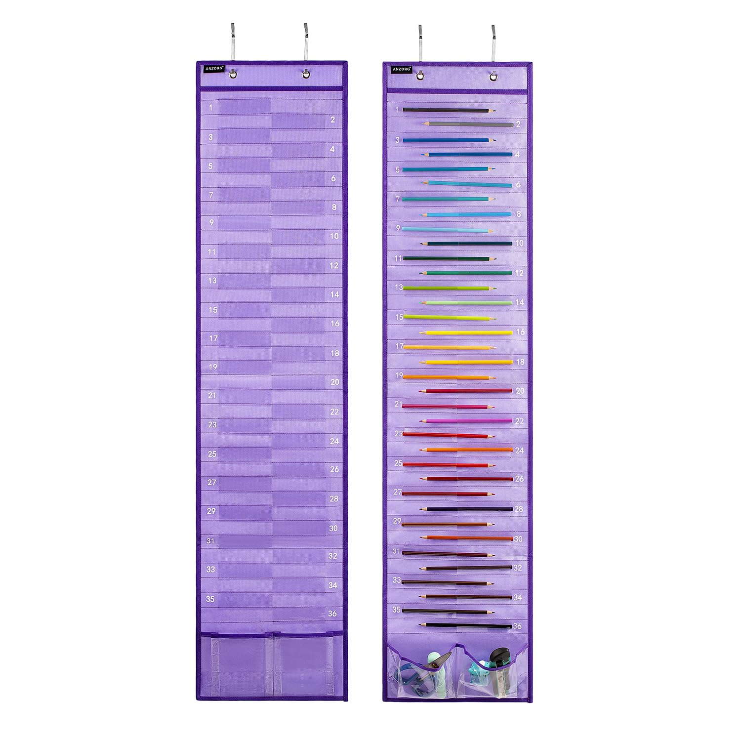 Photo 1 of ANZORG Hanging Pencil Holder Classroom Pencil Parking Pocket Chart Numbered Pencil Dispenser Organizer as Back to School Essentials (2 Pack-Purple)
